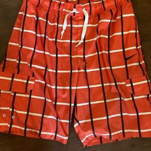 Nike Swim BoardShorts Mens L Orange Check Elastic Waist Drawstring Cargo Pockets